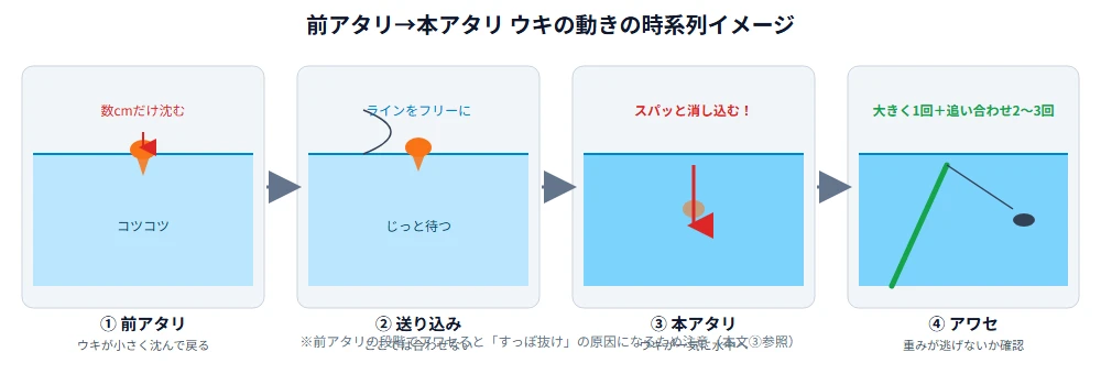 するするスルルーの前アタリから本アタリまでのウキの動きを示す時系列イメージ図