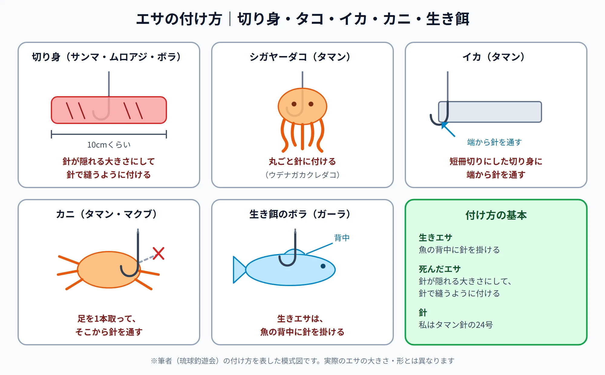 エサの付け方。切り身は針が隠れる大きさ(10cmくらい)で縫うように付ける、シガヤーダコは丸ごと、イカは短冊切りの端から針を通す、カニは足を1本取ってそこから針を通す、生き餌のボラは背中に針を掛ける。針はタマン針の24号