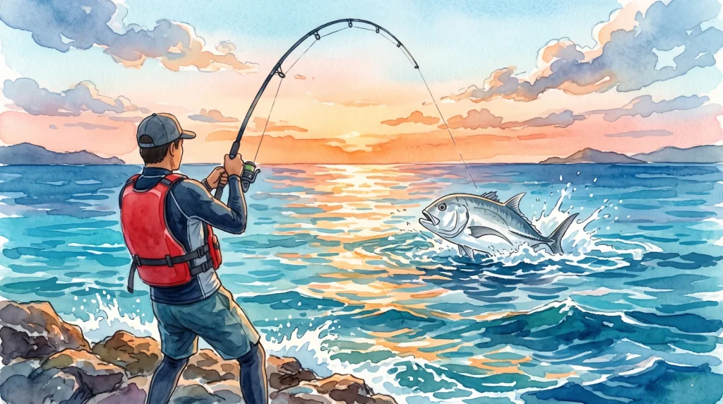 夕暮れの沖縄の磯で、ライフジャケットを着た釣り人が竿を大きく曲げ、海面に大きな銀色の魚が跳ねる水彩イラスト