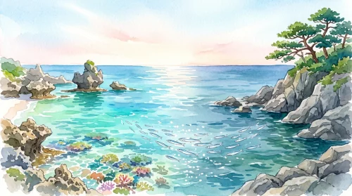 沖縄らしい青い海とサンゴ礁の岩場（左）と、松のある本土の海岸の岩場（右）がひと続きの海でつながり、中央の海面でキビナゴの群れが光る水彩イラスト