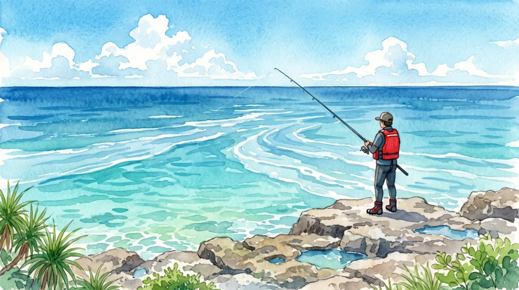 沖縄の磯で、ライフジャケットと磯靴を着けた釣り人が竿を構え、潮が沖へ払い出す海を見ている水彩イラスト