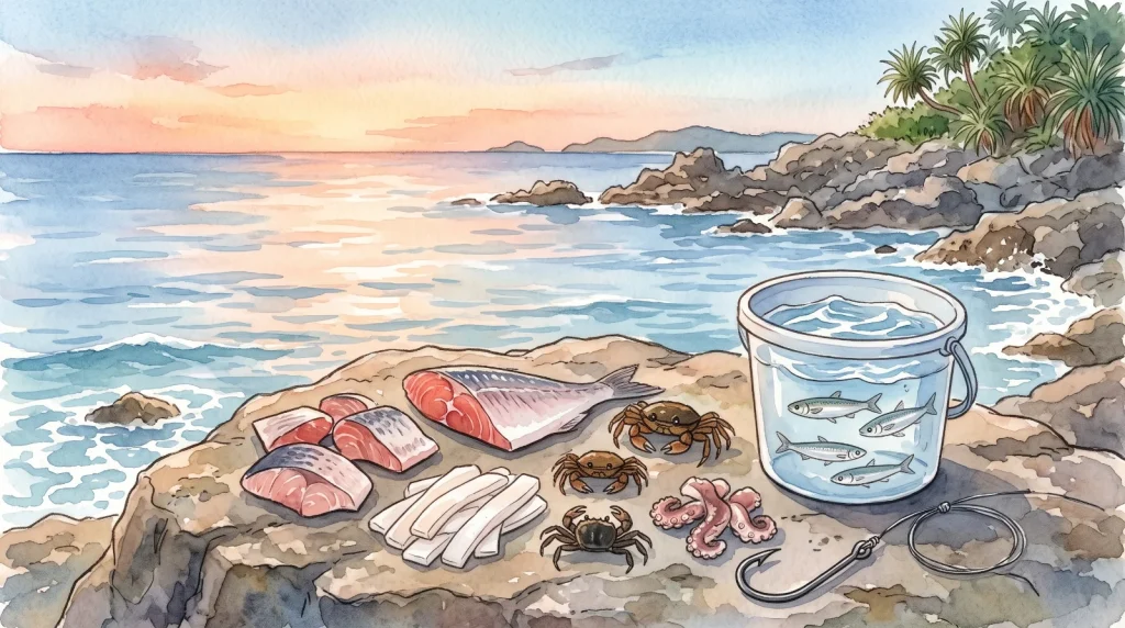 夕暮れの沖縄の岩場の海岸に、魚の切り身、イカの短冊切り、カニ、タコ、生きた小魚の入ったバケツ、釣り針が並んだ水彩イラスト