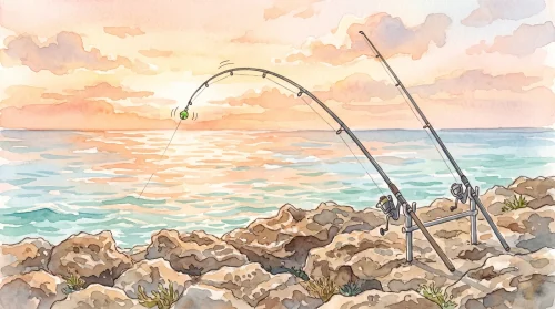 朝焼けの海を背景に、岩場のピトンに固定された2本の釣竿のうち1本が海面に向かって大きく曲がり、竿先に鈴が付いた水彩イラスト