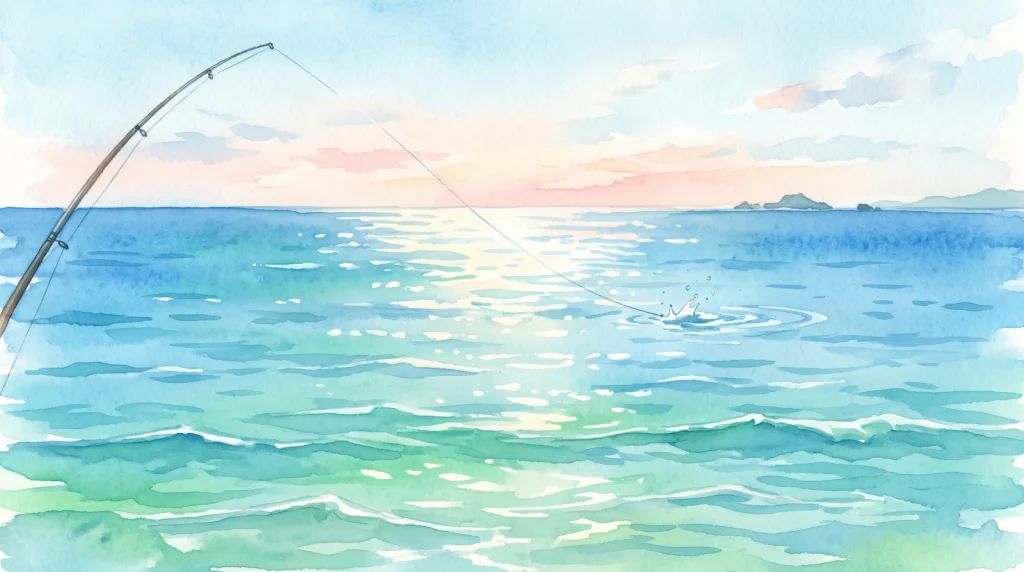 穏やかな朝の青い海を背景に、画面の左側から曲がった釣竿の先が見え、竿先から沖に向かって細い釣り糸が弧を描き、遠くの海面に小さな水しぶきと波紋が広がる水彩イラスト