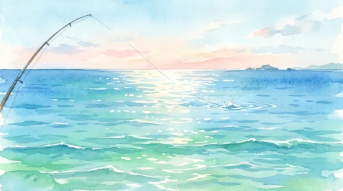 穏やかな朝の青い海を背景に、画面の左側から曲がった釣竿の先が見え、竿先から沖に向かって細い釣り糸が弧を描き、遠くの海面に小さな水しぶきと波紋が広がる水彩イラスト
