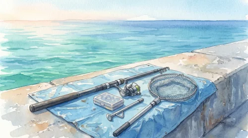 早朝の穏やかな青い海を背景に、堤防の上に敷いた青いシートの上に、釣竿、スピニングリール、小物ケース、ピトン、折りたたみ式のタモ網が並べて置かれた水彩イラスト