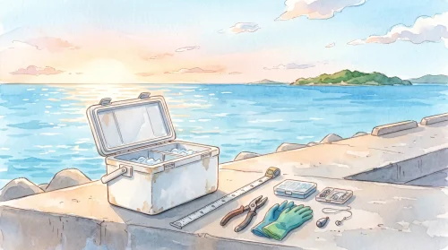 朝日が差す穏やかな青い海を背景に、堤防の上にふたを開けたクーラーボックス、メジャー、ペンチ、ゴム手袋が置かれている水彩イラスト