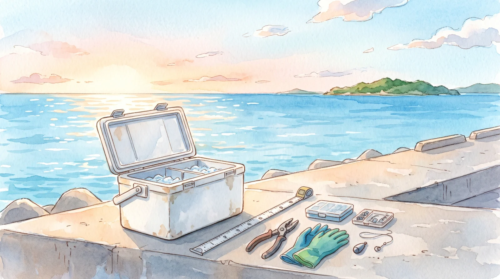 朝日が差す穏やかな青い海を背景に、堤防の上にふたを開けたクーラーボックス、メジャー、ペンチ、ゴム手袋が置かれている水彩イラスト