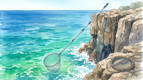 晴れた昼間、高い岩場の足場の端から、長い柄の付いたタモ網が青い海面へ下ろされ、足元にロープが置かれている水彩イラスト