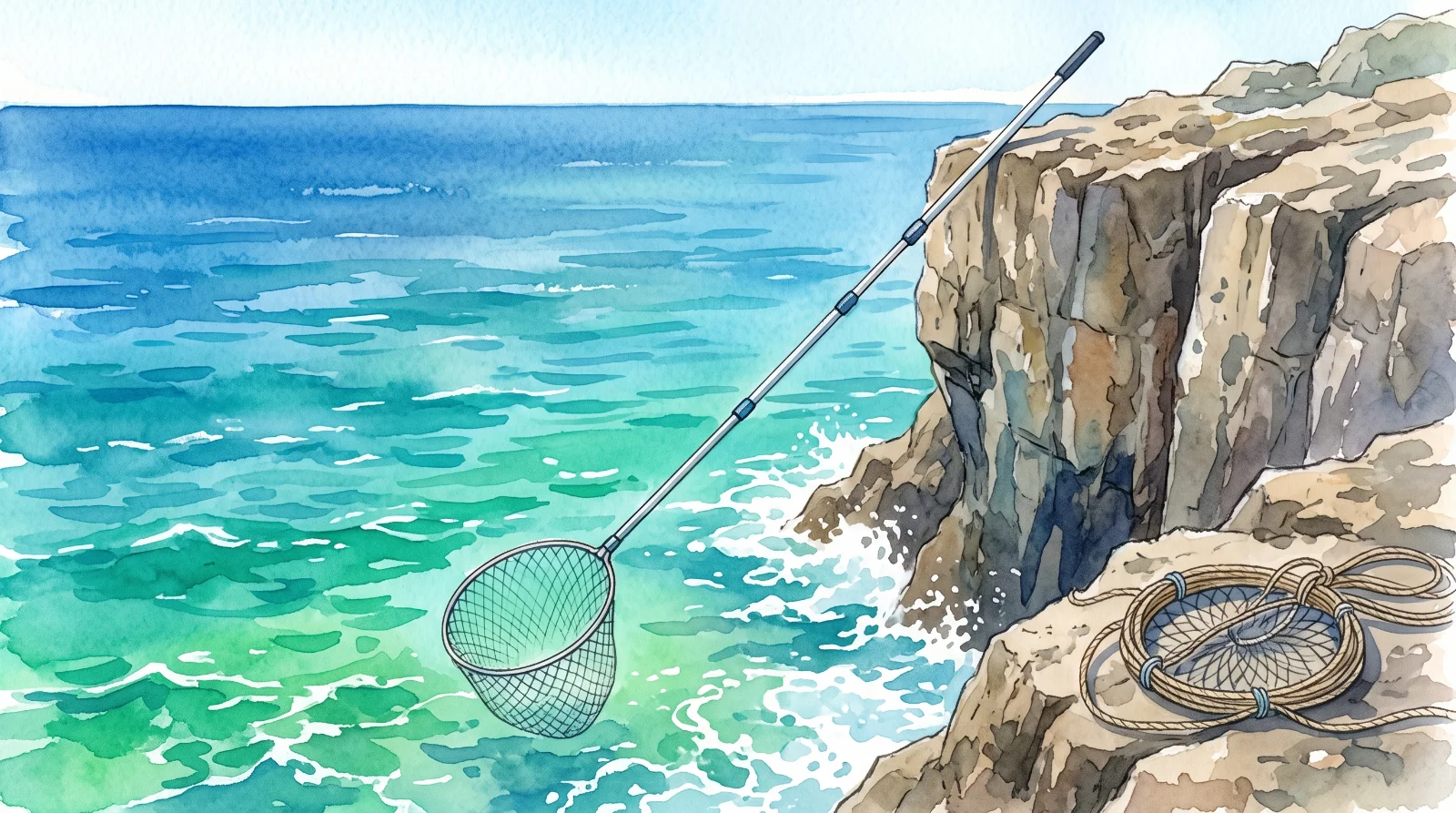 晴れた昼間、高い岩場の足場の端から、長い柄の付いたタモ網が青い海面へ下ろされ、足元にロープが置かれている水彩イラスト