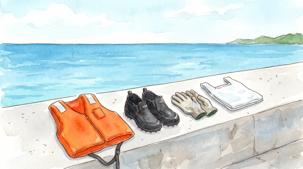 晴れた昼間の穏やかな青い海を背景に、コンクリートの堤防の上にオレンジ色のライフジャケット、スパイクソールの黒いシューズ、グローブ、折りたたんだ白いゴミ袋が並んでいる水彩イラスト