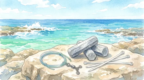 明るい昼間の海辺の岩場の平らな石の上に、六角形の面を持つオモリ3個と、糸を結んだ三又のサルカン、白い結束バンドが置かれ、背景に青い海と白い波が見える水彩イラスト