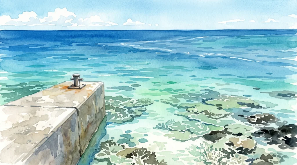 晴れた昼間、堤防の先端から見下ろす透き通った浅い海。水面の下に砂地・サンゴ礁のリーフ・岩礁が見え、沖には潮目の筋が見える水彩イラスト