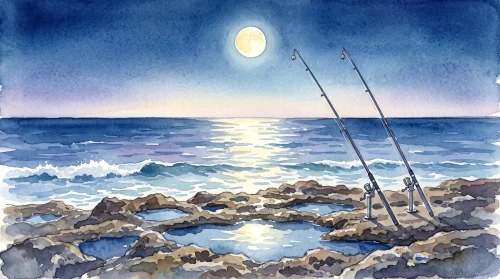 満月が浮かぶ夜の穏やかな海と、潮が引いた岩場の潮だまり、ピトンに立てた鈴付きの2本の釣竿を描いた水彩イラスト