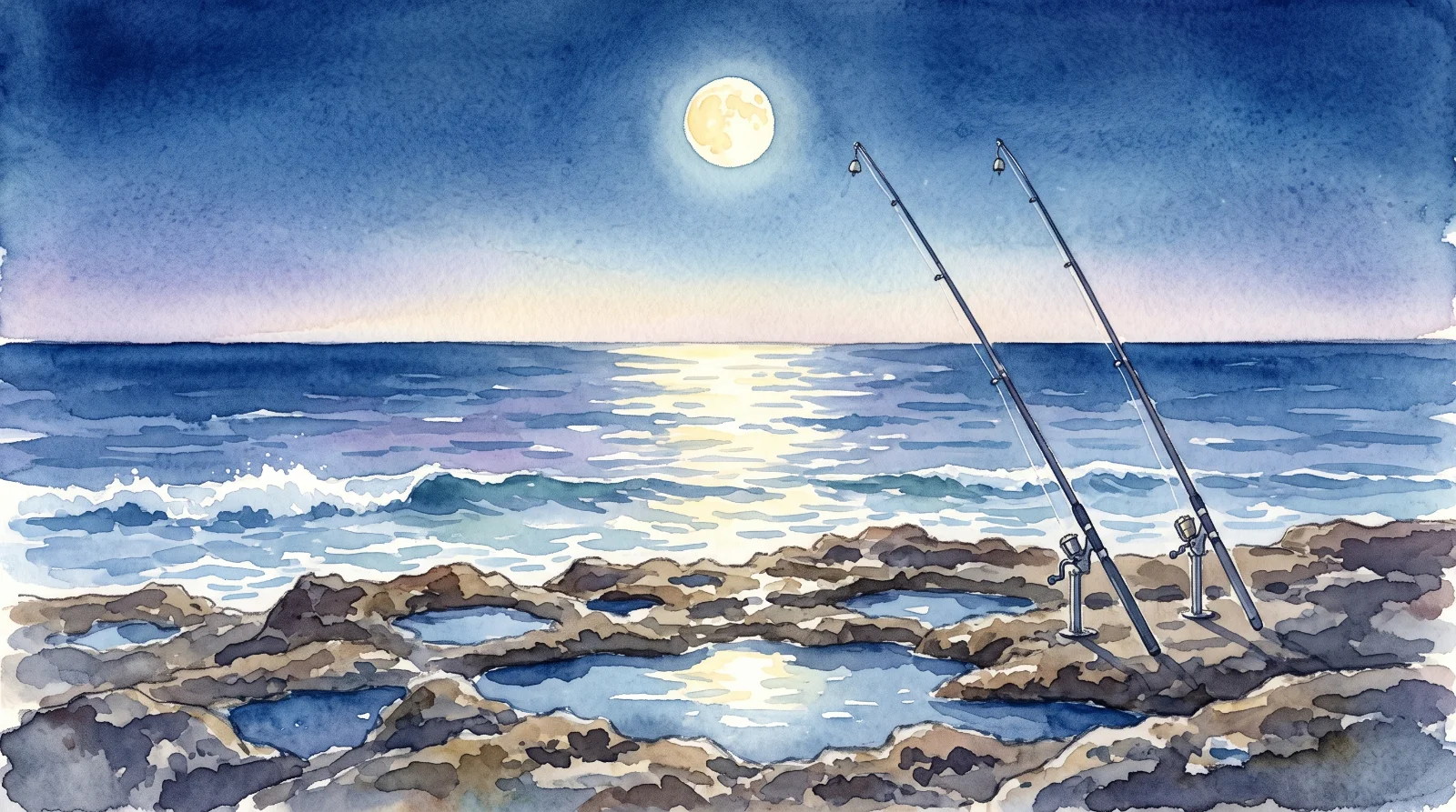 満月が浮かぶ夜の穏やかな海と、潮が引いた岩場の潮だまり、ピトンに立てた鈴付きの2本の釣竿を描いた水彩イラスト