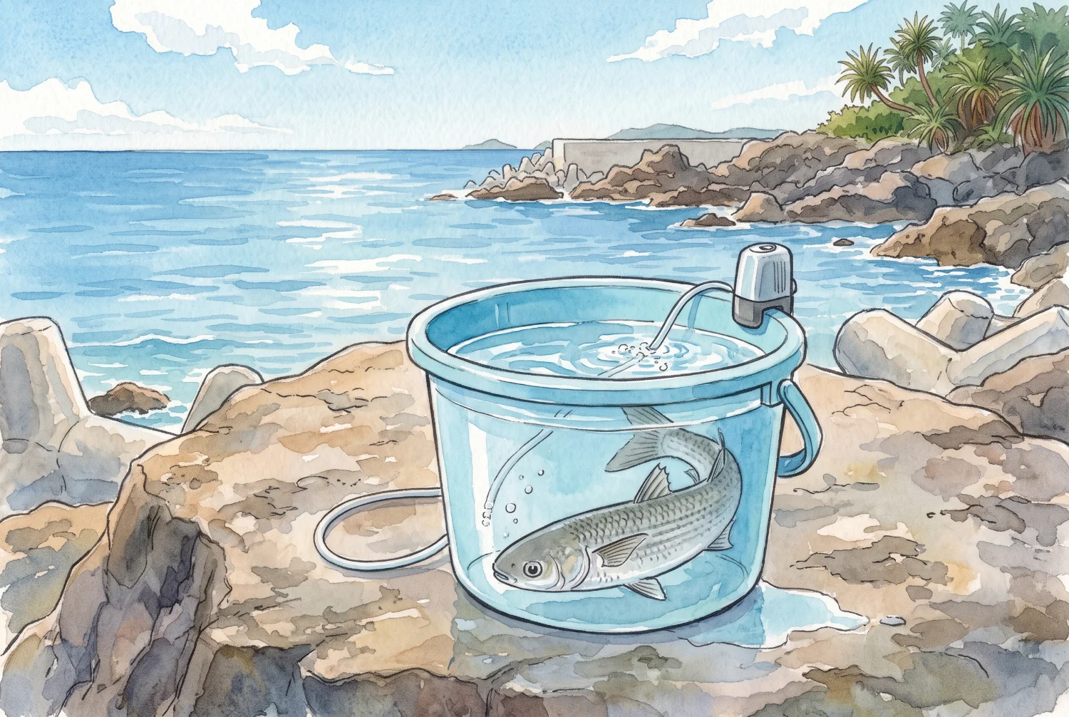 岩場に置かれたバケツの中を泳ぐボラと、エアポンプのチューブを描いた水彩イラスト(イメージ・AI生成)