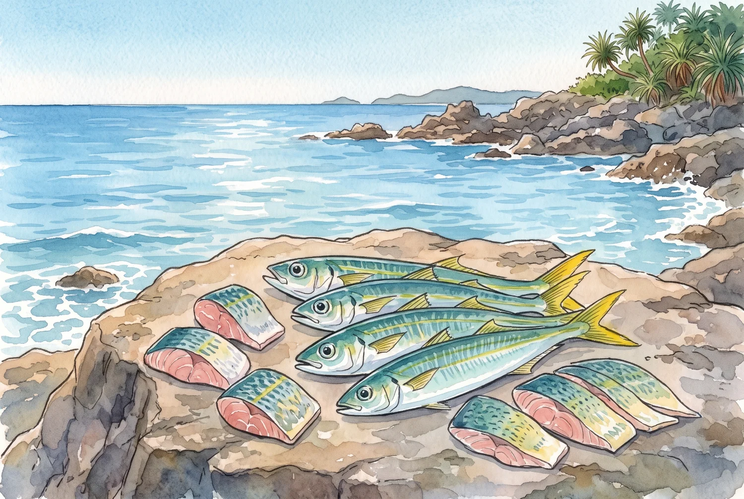 岩場に置かれた、釣りたてのグルクンとその切り身を描いた水彩イラスト(イメージ・AI生成)